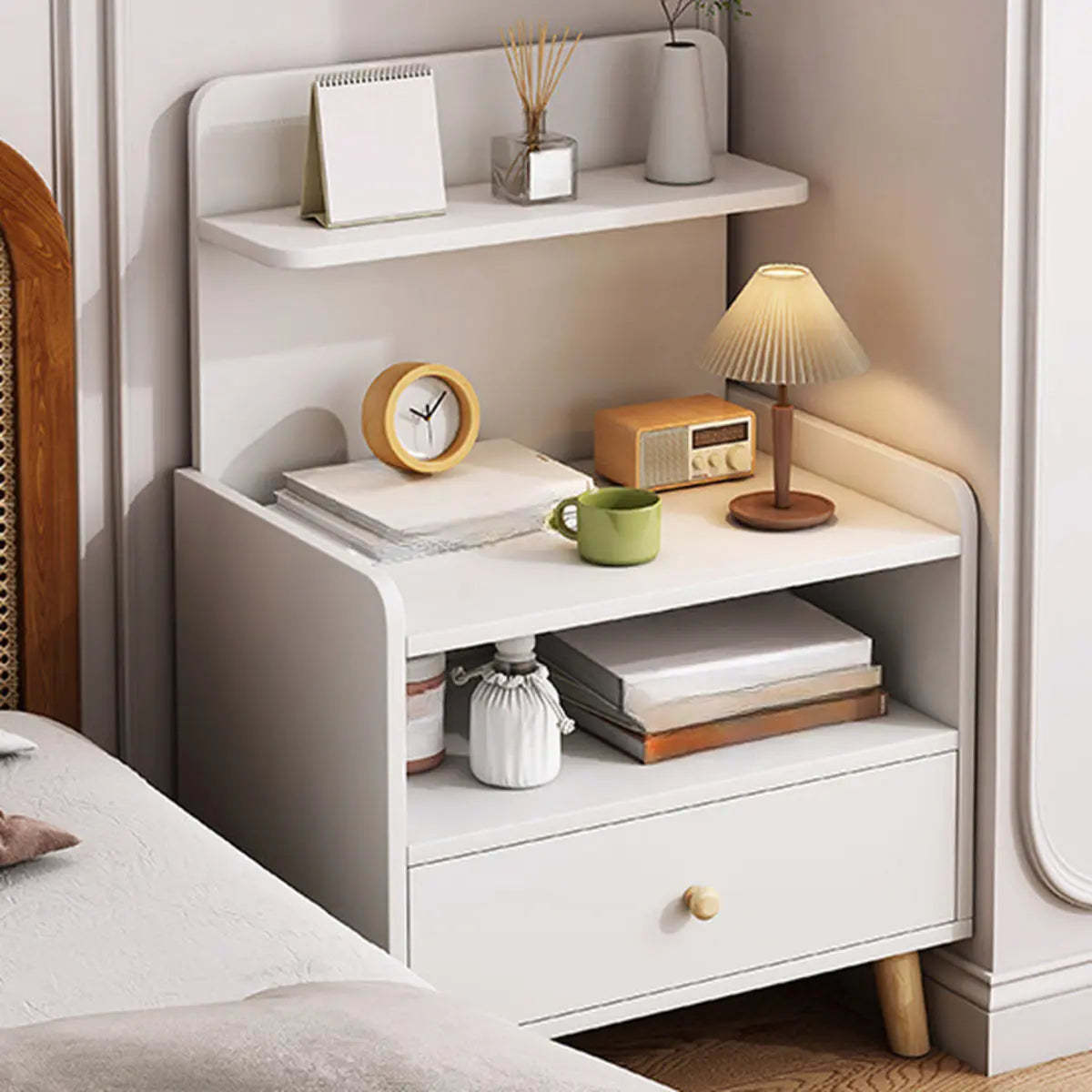 Warm White Square Wood Nightstand with Drawer and Shelves — Warm White / 2