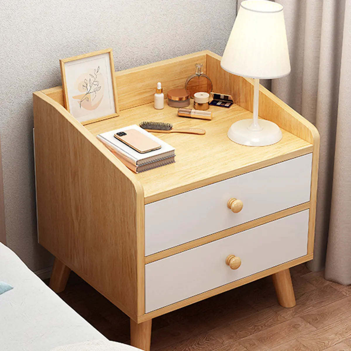 Warm White Square Wood Nightstand with Drawer and Shelves — Warm White / 2