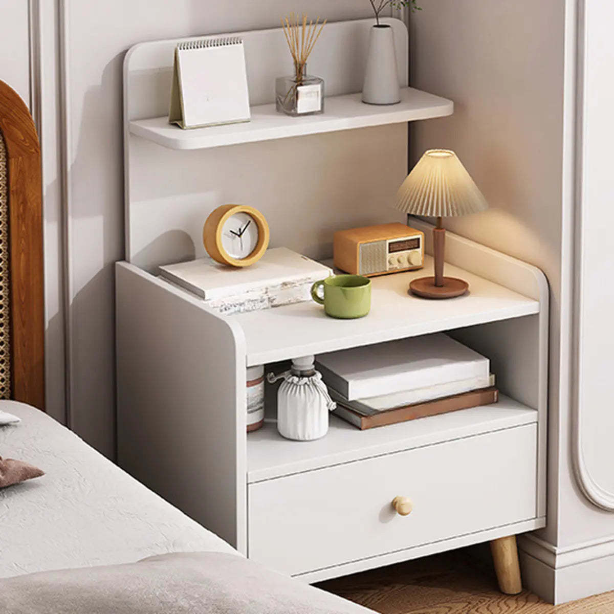 Warm White Square Wood Nightstand with Drawer and Shelves — White Oak / 1