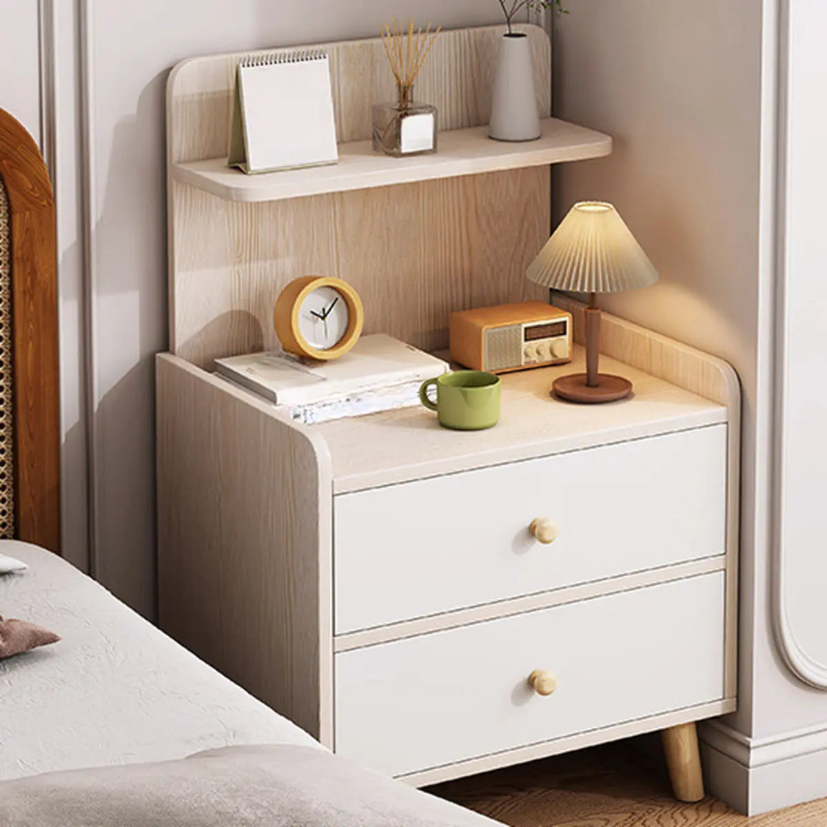 Warm White Square Wood Nightstand with Drawer and Shelves — White Oak / 2