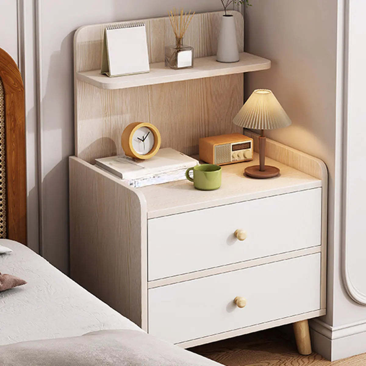 Warm White Square Wood Nightstand with Drawer and Shelves — White Oak / 2