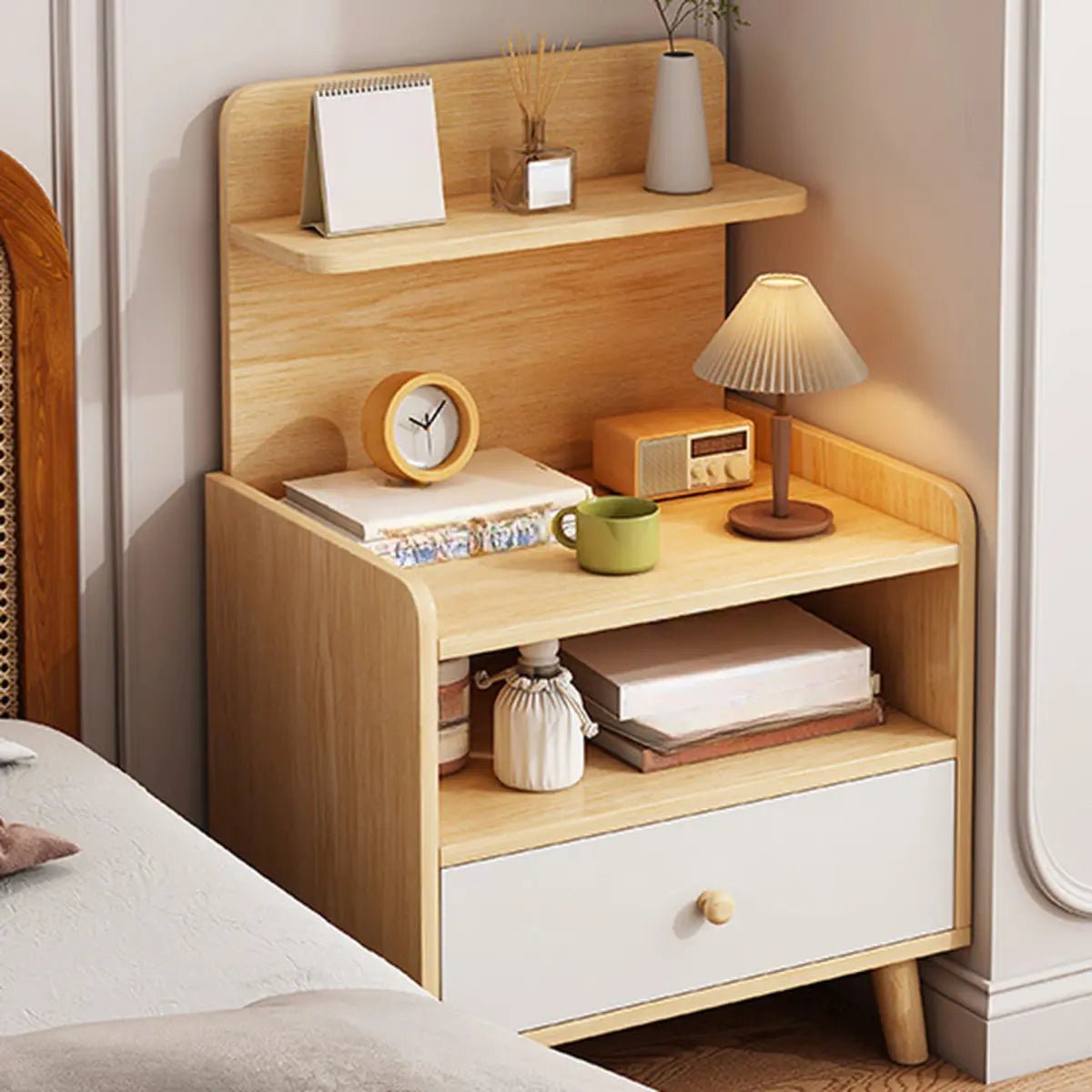 Warm White Square Wood Nightstand with Drawer and Shelves — White Oak / 2