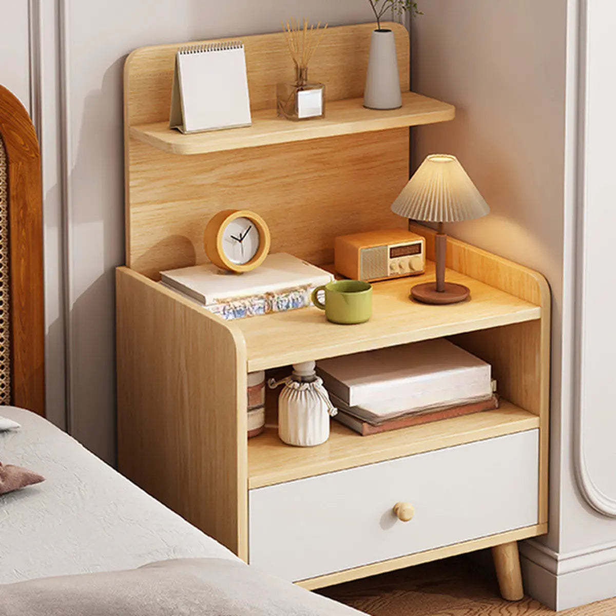 Warm White Square Wood Nightstand with Drawer and Shelves — White Oak / 2