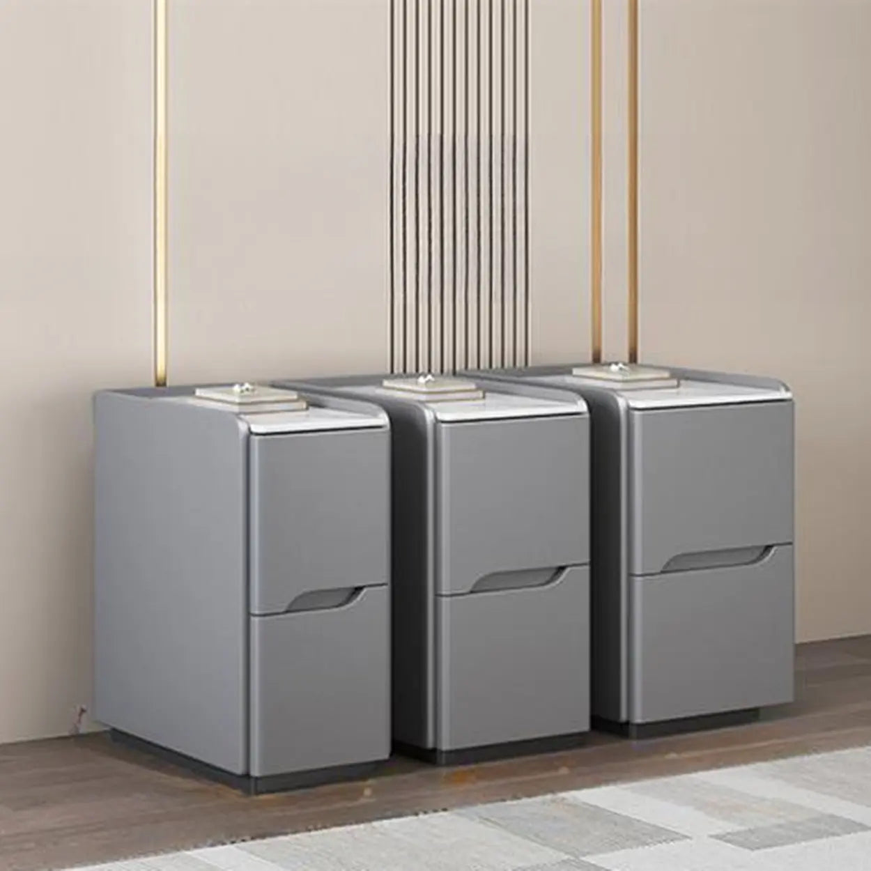 Gray Square Stone and Wood Drawer Bedside Cabinet — Khaki