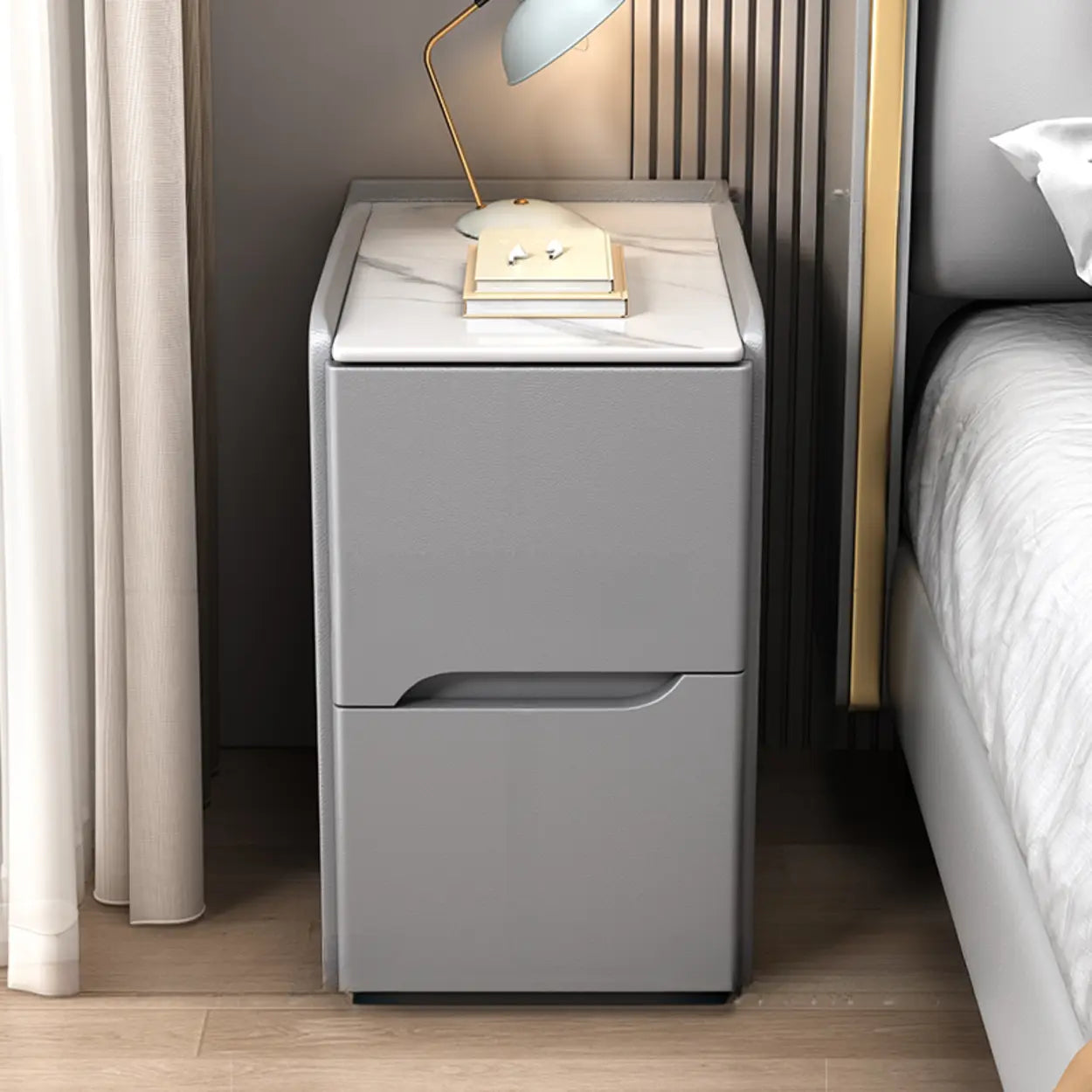 Gray Square Stone and Wood Drawer Bedside Cabinet