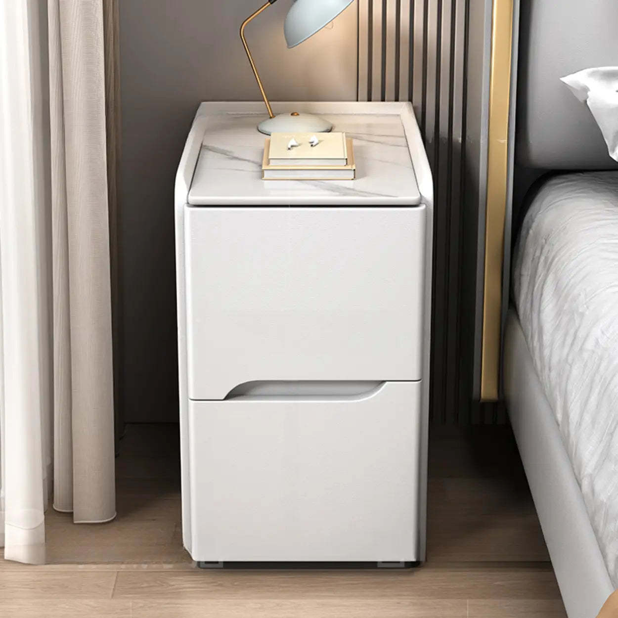Gray Square Stone and Wood Drawer Bedside Cabinet — Green