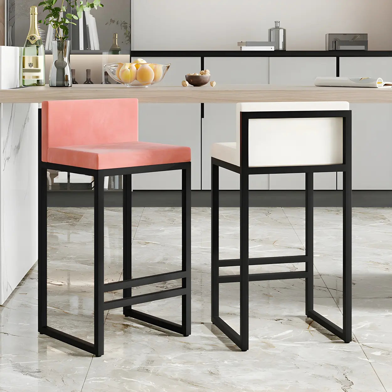 Square Upholstered Metal-Sled Bar Stool with Footrest — Black / 1 Piece