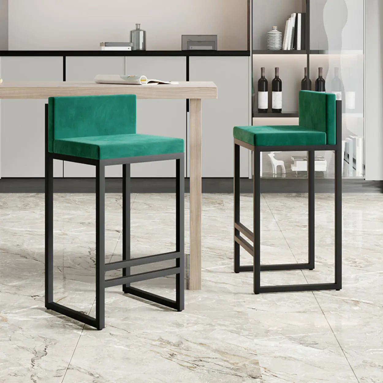 Square Upholstered Metal-Sled Bar Stool with Footrest — Green / 1 Piece