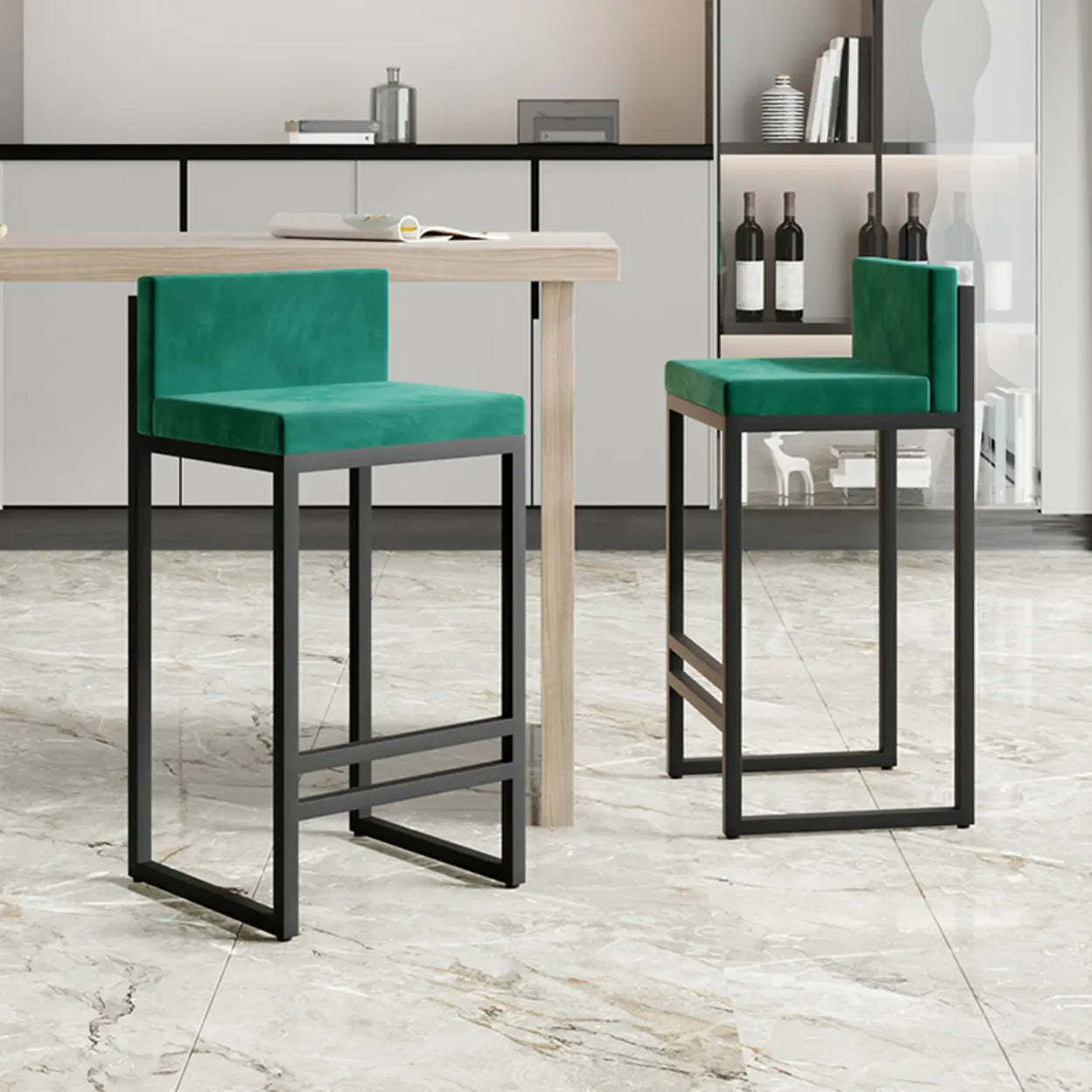Square Upholstered Metal-Sled Bar Stool with Footrest — Green / 1 Piece