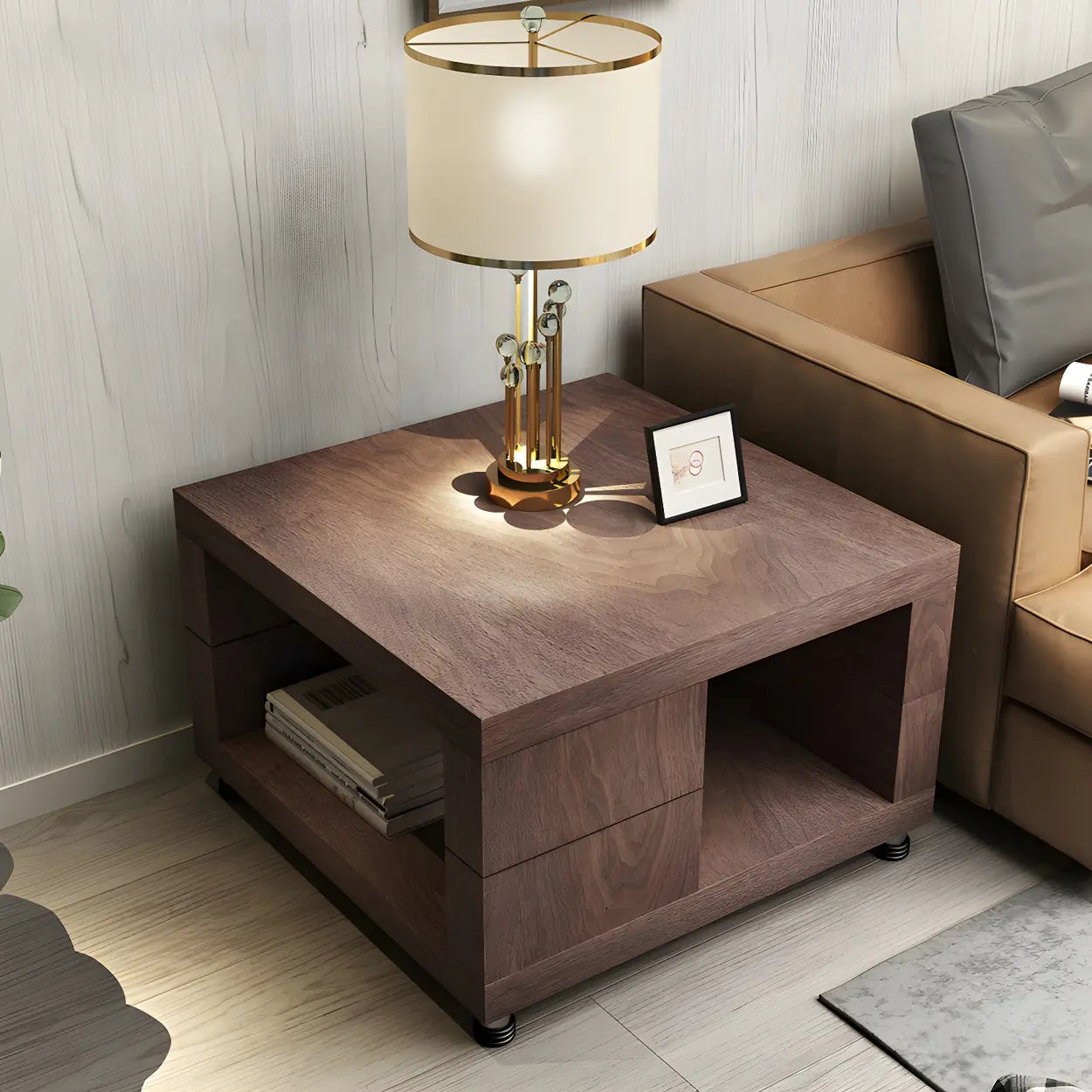 Square Walnut Wood Double-Tier Side Table