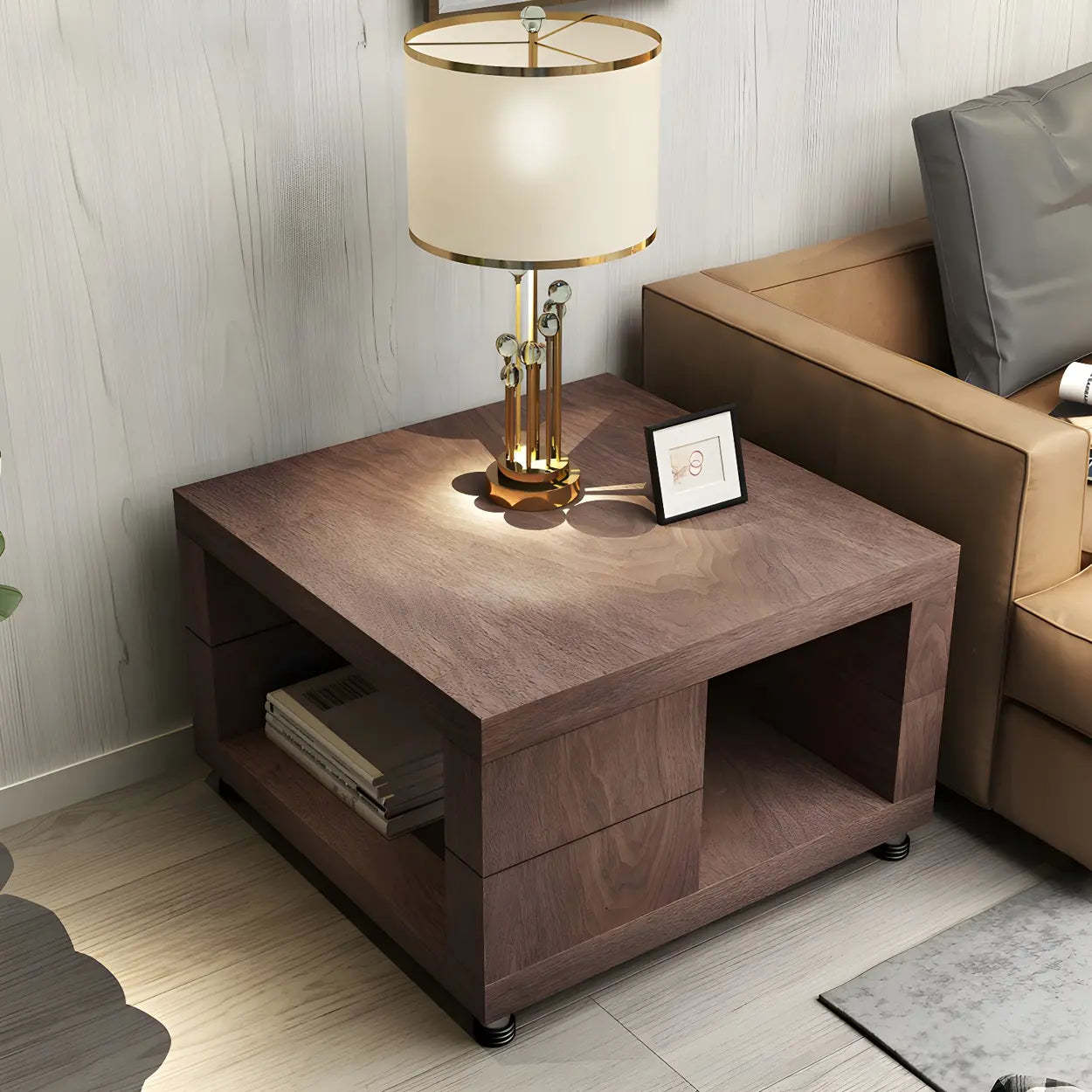 Square Walnut Wood Double-Tier Side Table — Black