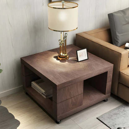 Square Walnut Wood Double-Tier Side Table — Black