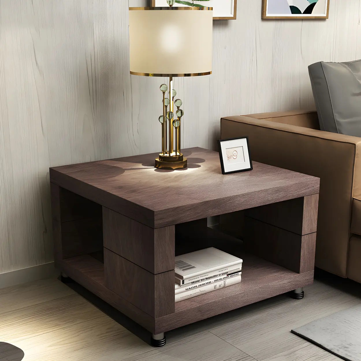 Square Walnut Wood Double-Tier Side Table