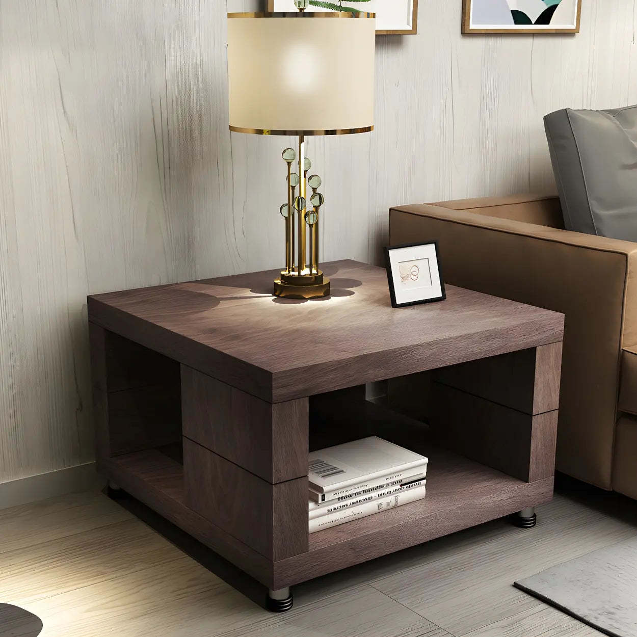 Square Walnut Wood Double-Tier Side Table