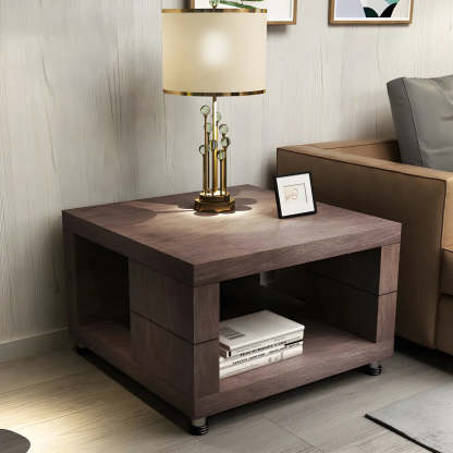 Square Walnut Wood Double-Tier Side Table