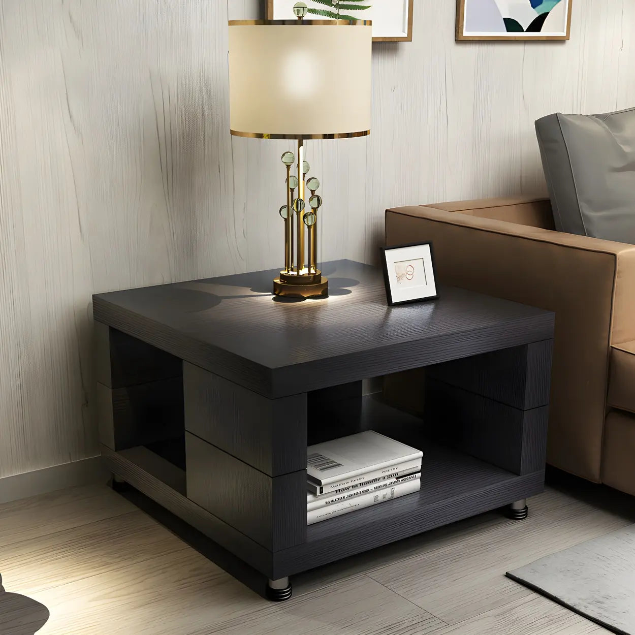 Square Walnut Wood Double-Tier Side Table