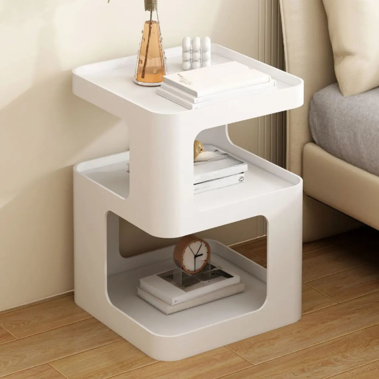 White Tray-Top Square End Table with Shelves — Black