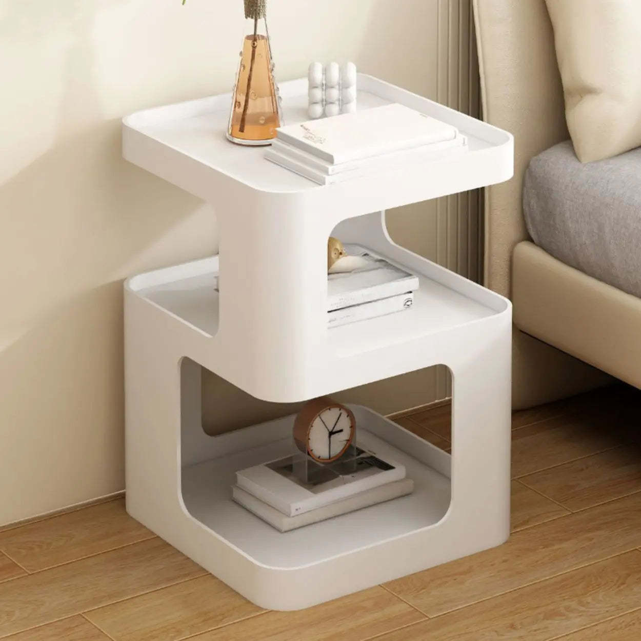 White Tray-Top Square End Table with Shelves — Black