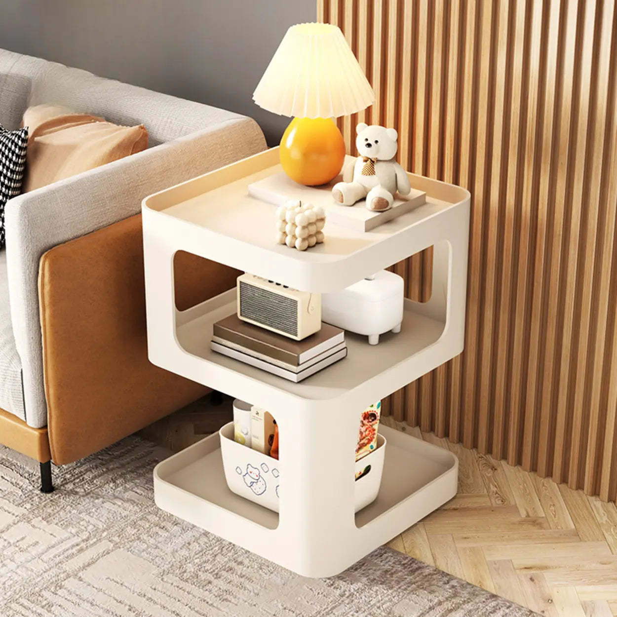 White Tray-Top Square End Table with Shelves