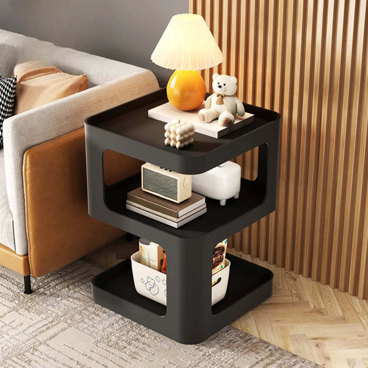 White Tray-Top Square End Table with Shelves