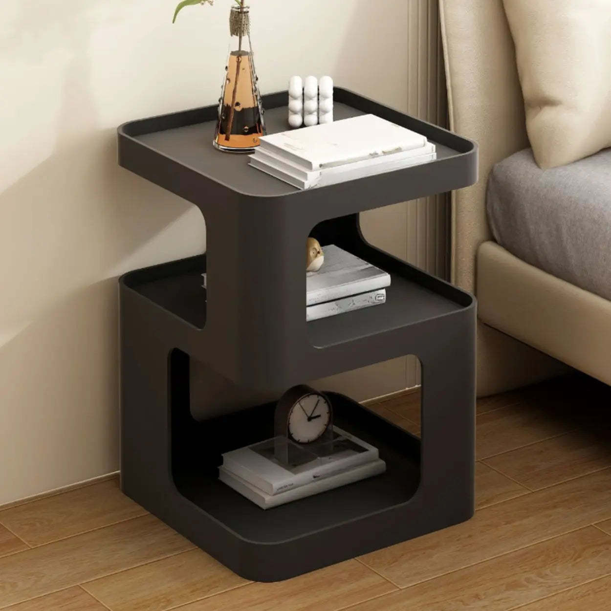 White Tray-Top Square End Table with Shelves