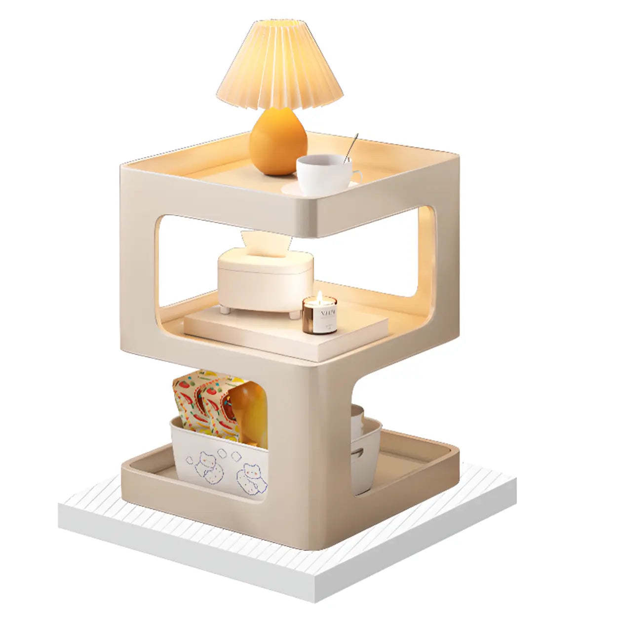 White Tray-Top Square End Table with Shelves — White