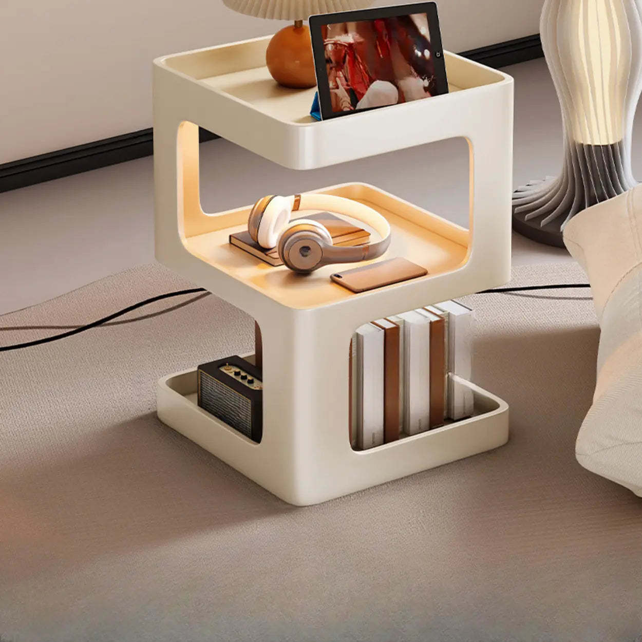 White Tray-Top Square End Table with Shelves — White