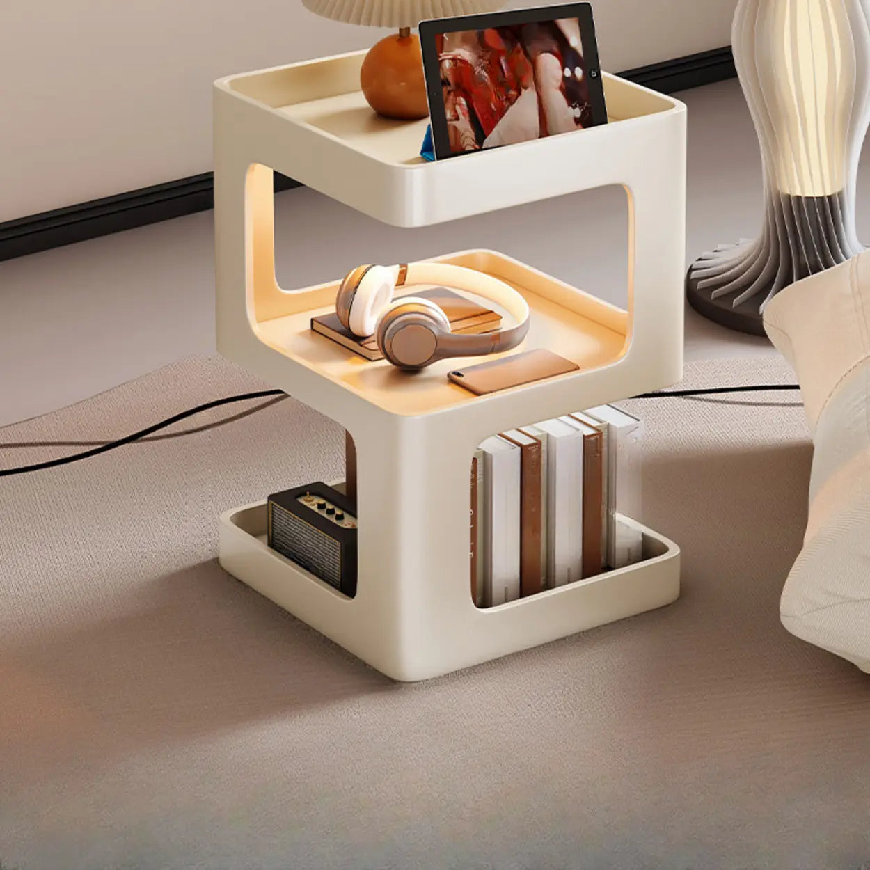 White Tray-Top Square End Table with Shelves