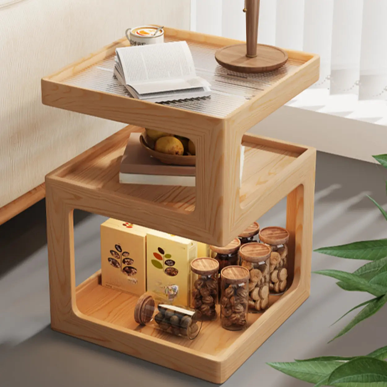 Square Wood 2-Tier Cream Side Table