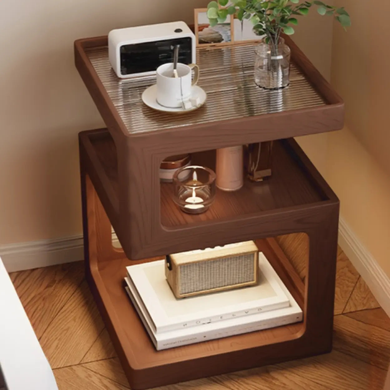 Square Wood 2-Tier Cream Side Table — Nut-Brown