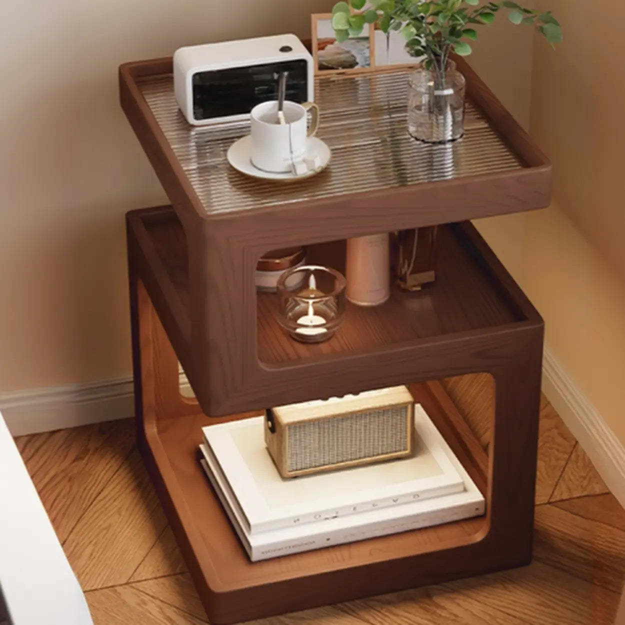 Square Wood 2-Tier Cream Side Table — Nut-Brown
