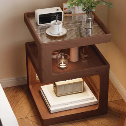Square Wood 2-Tier Cream Side Table — Nut-Brown