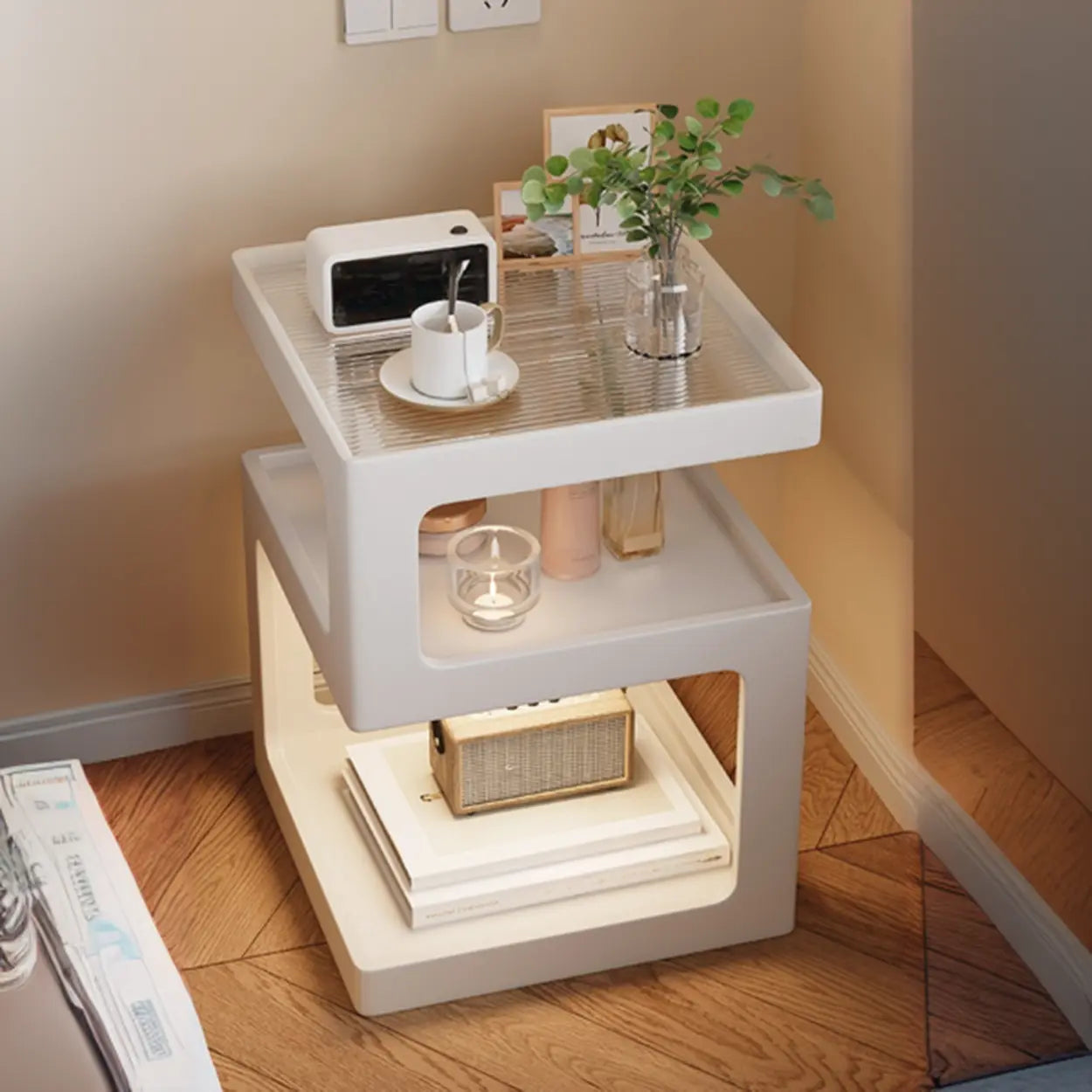 Square Wood 2-Tier Cream Side Table — Natural