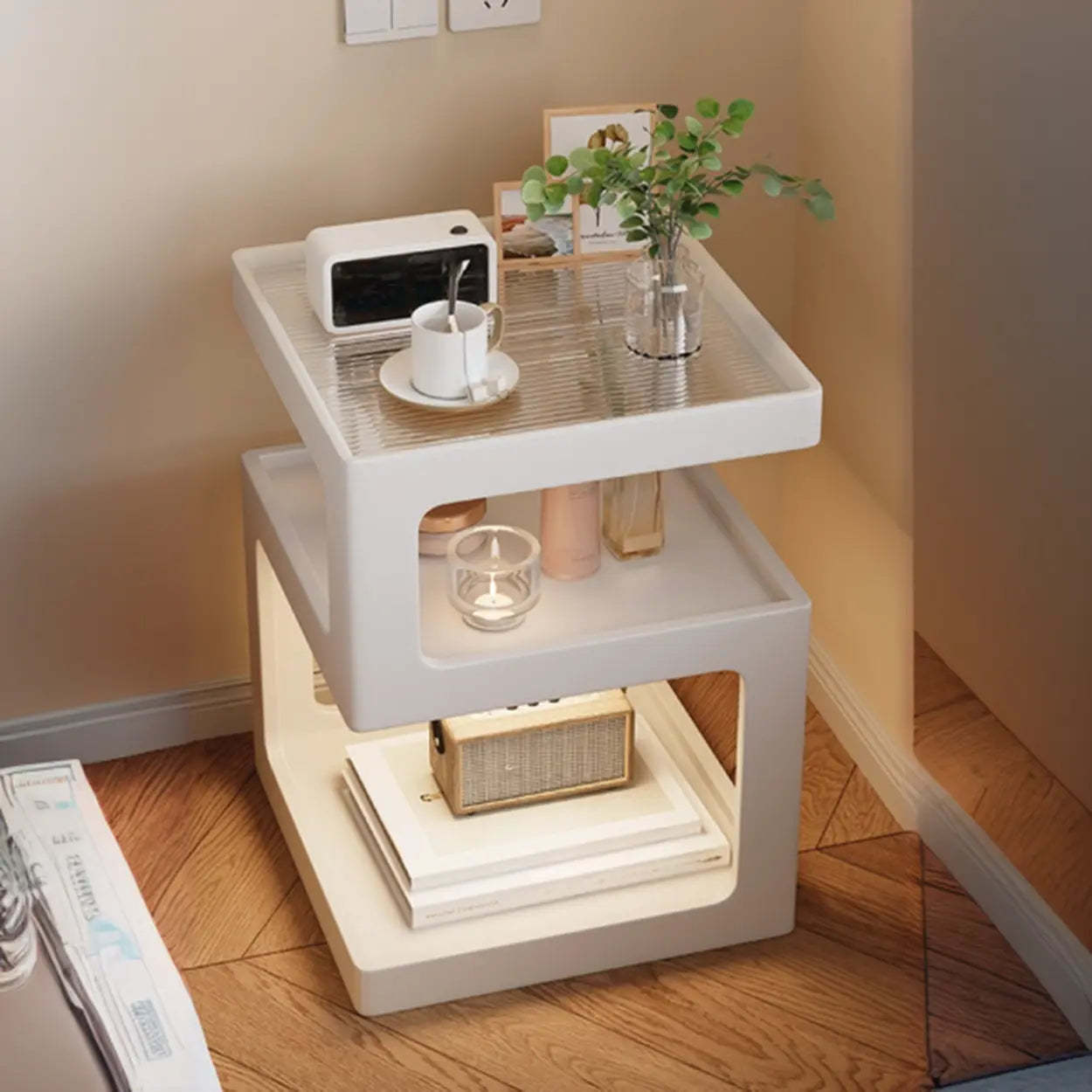 Square Wood 2-Tier Cream Side Table — Natural