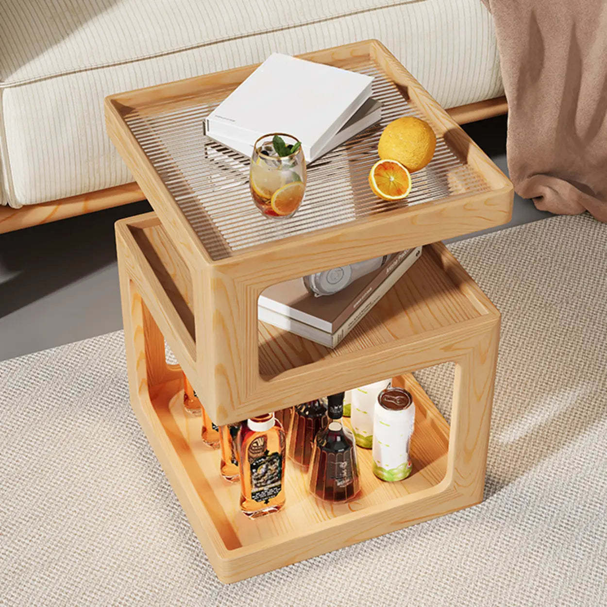 Square Wood 2-Tier Cream Side Table — Cream White