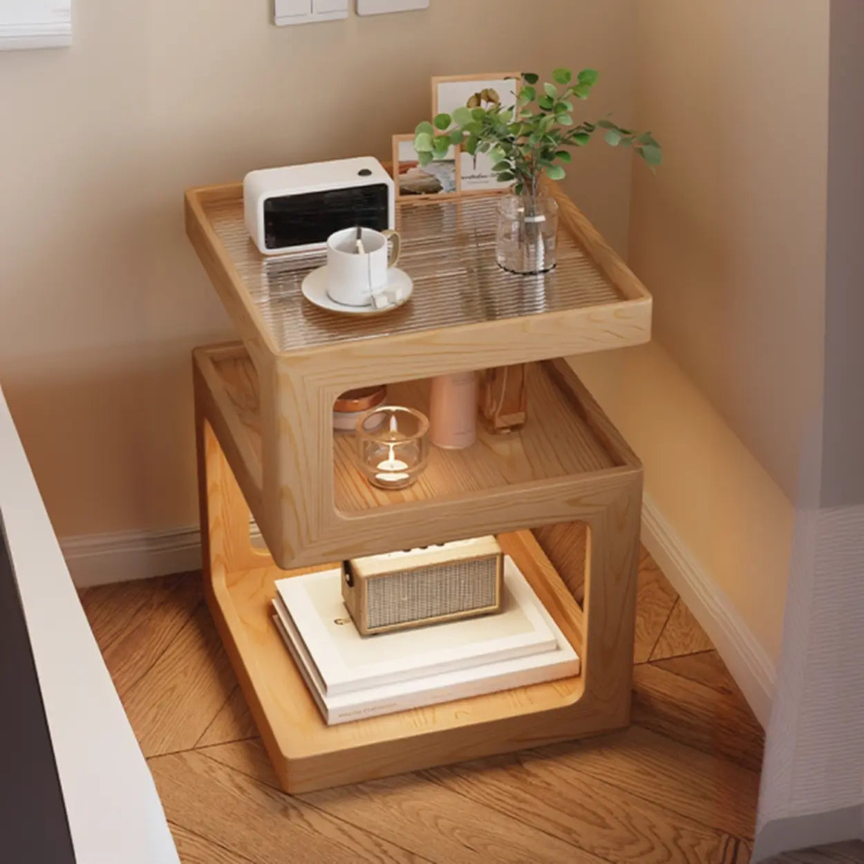 Square Wood 2-Tier Cream Side Table — Nut-Brown