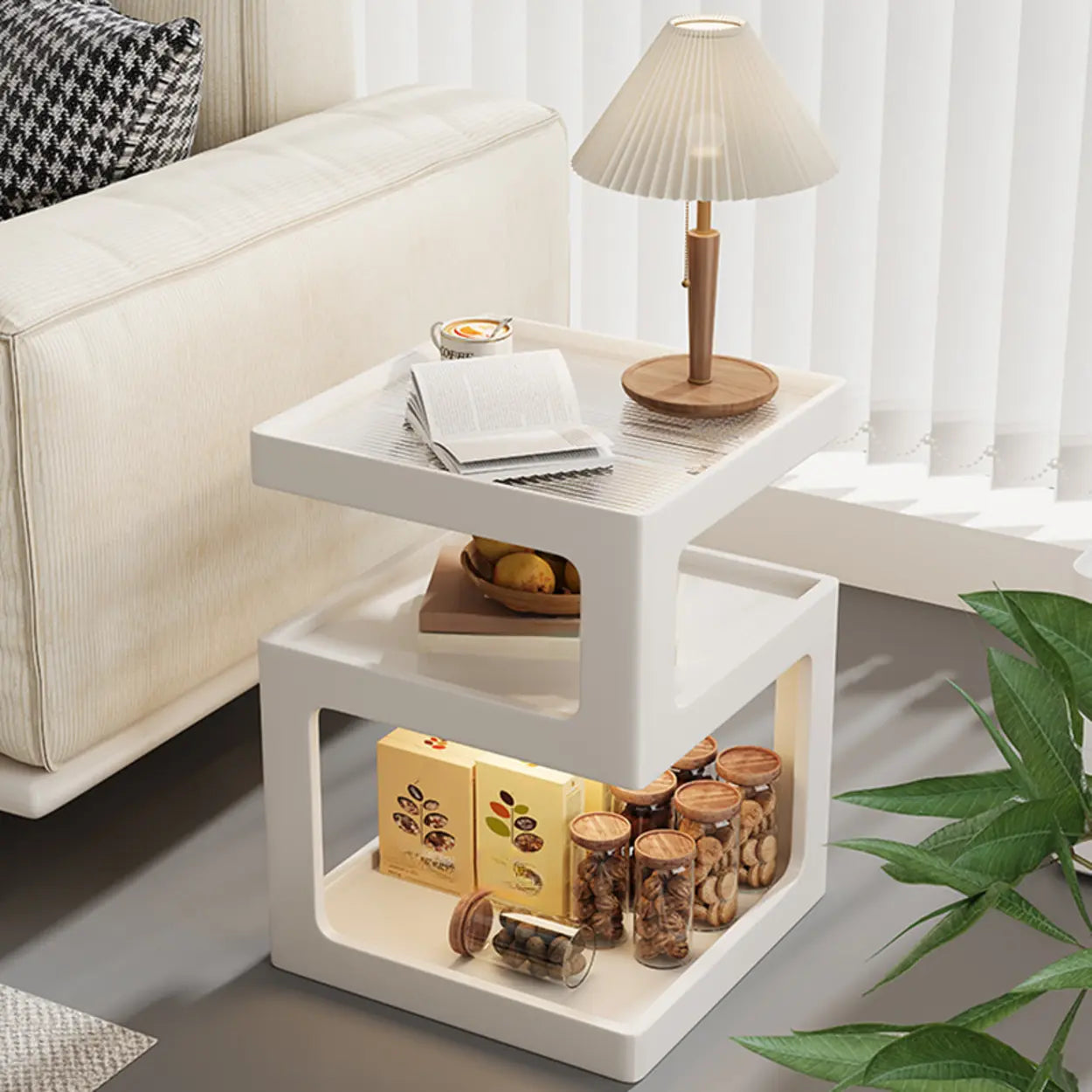 Square Wood 2-Tier Cream Side Table — Natural