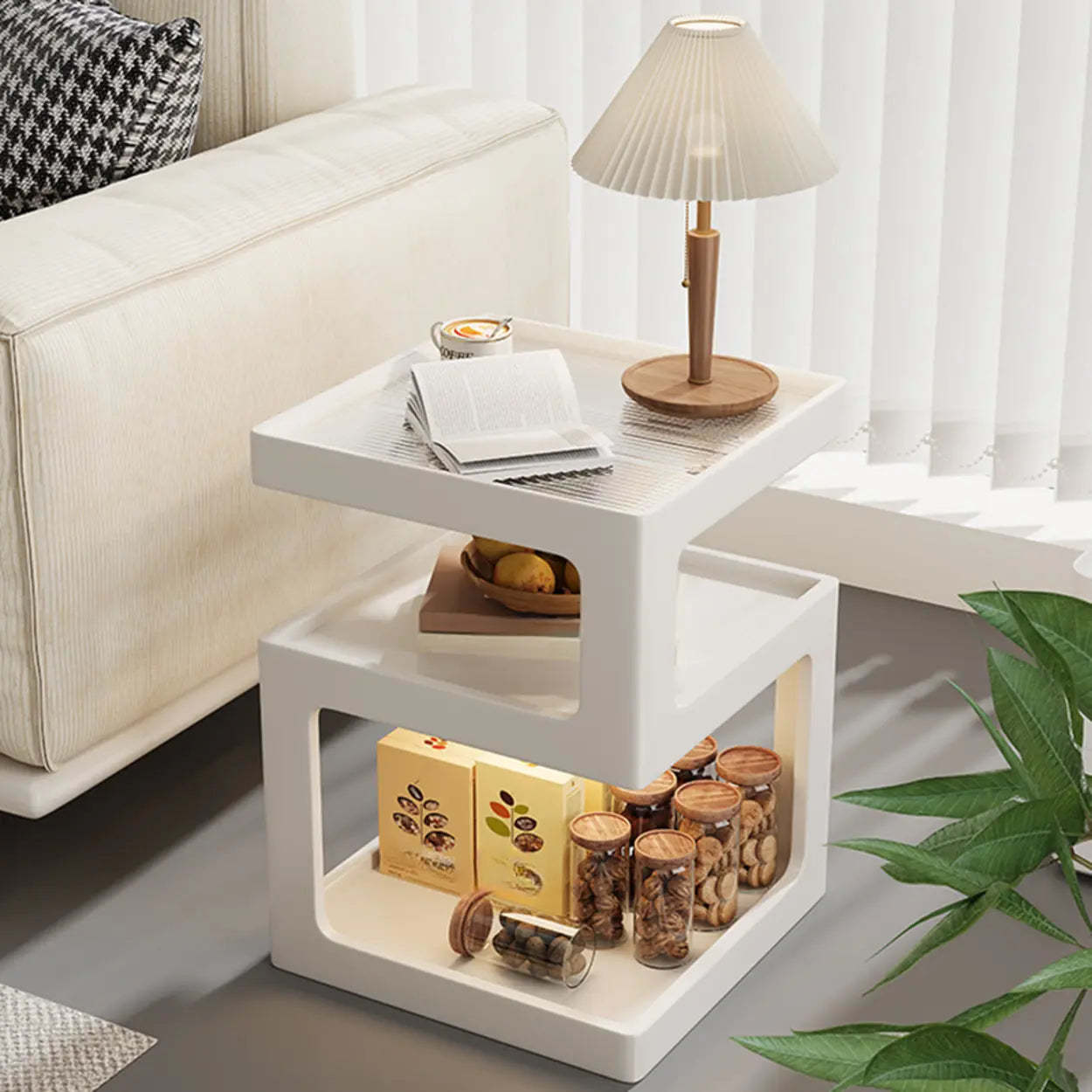 Square Wood 2-Tier Cream Side Table — Natural