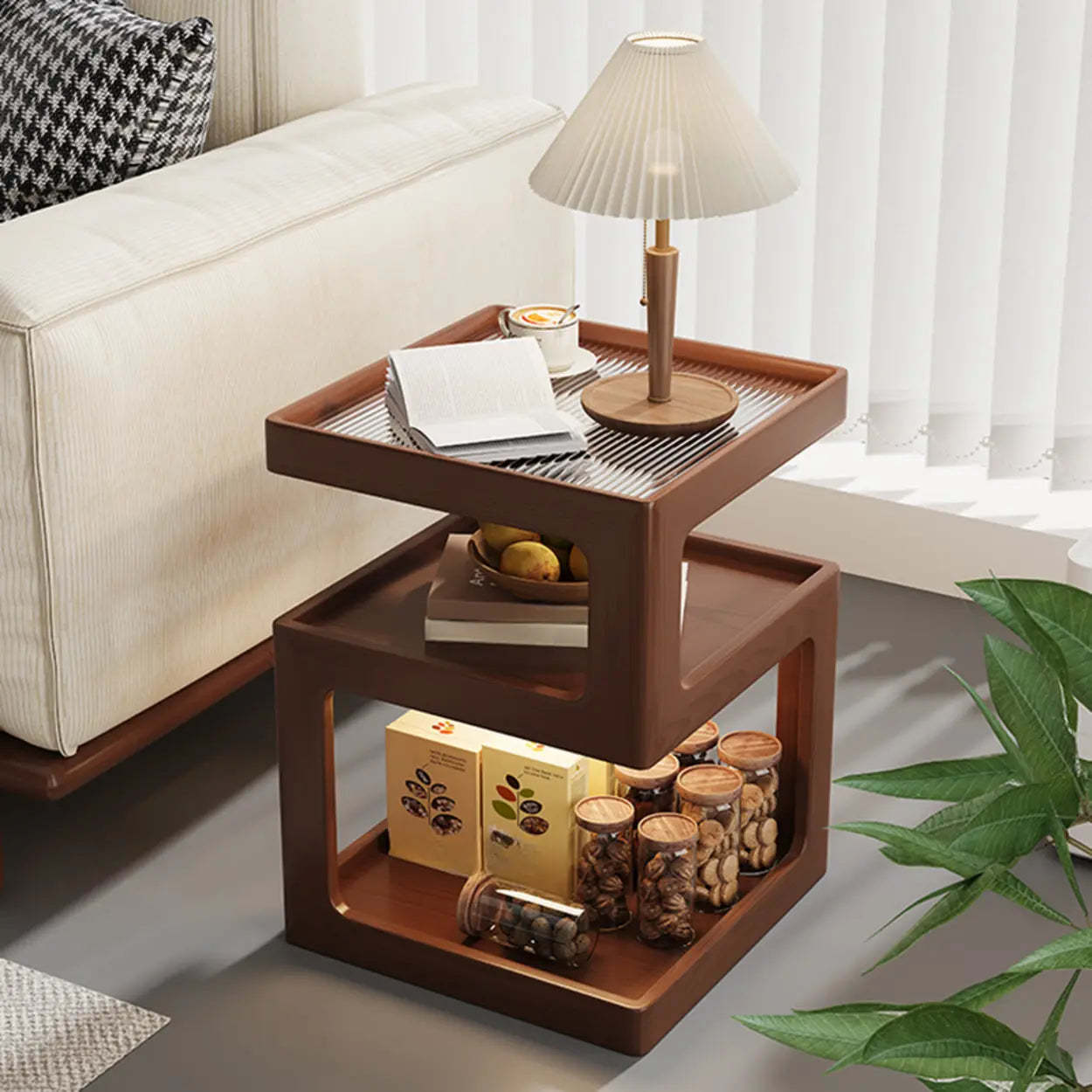 Square Wood 2-Tier Cream Side Table — Cream White