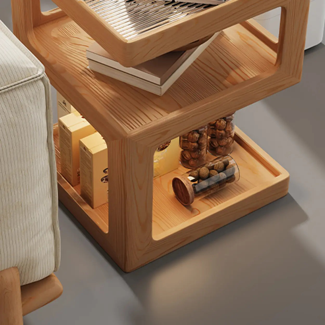 Square Wood 2-Tier Cream Side Table — Natural