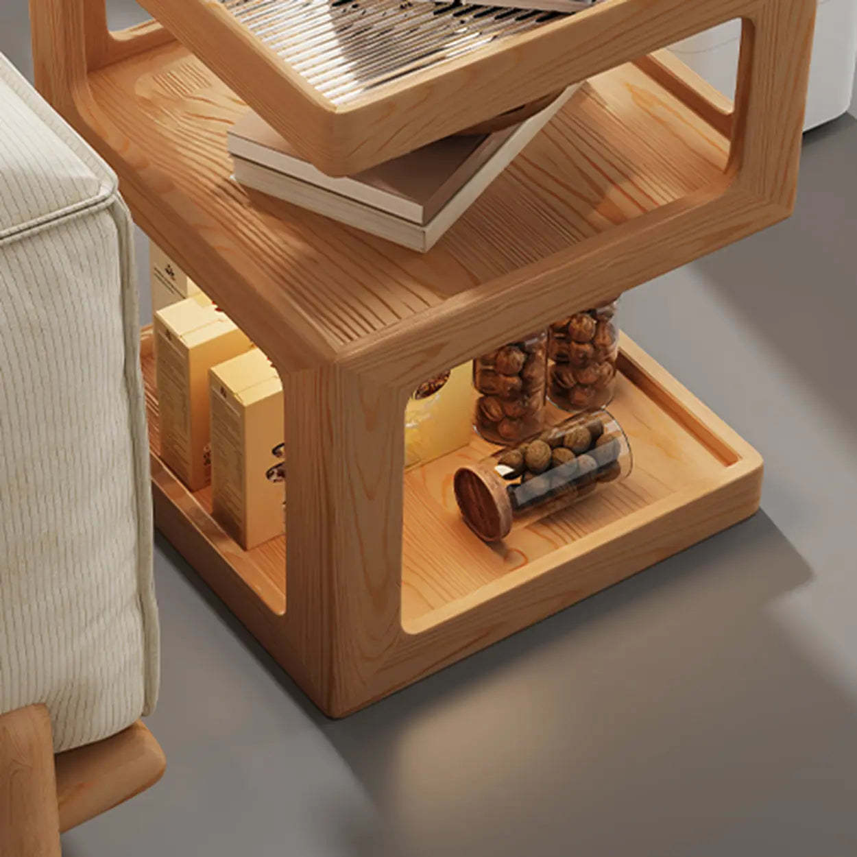 Square Wood 2-Tier Cream Side Table — Natural