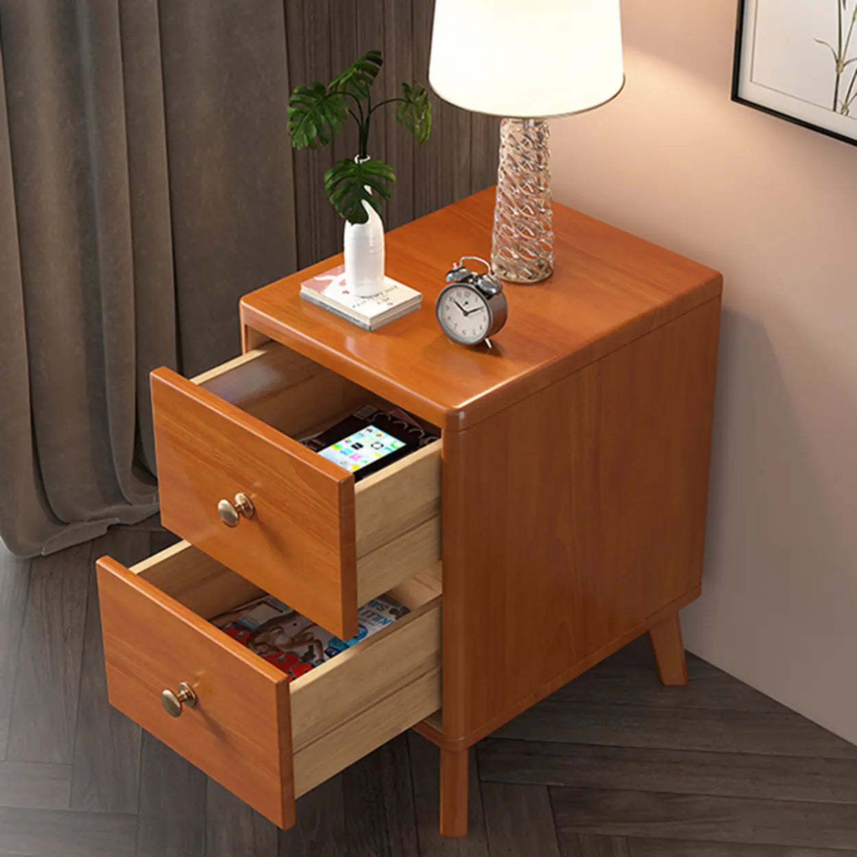Natural Square Wood 2-Drawer Nightstand with Legs — White