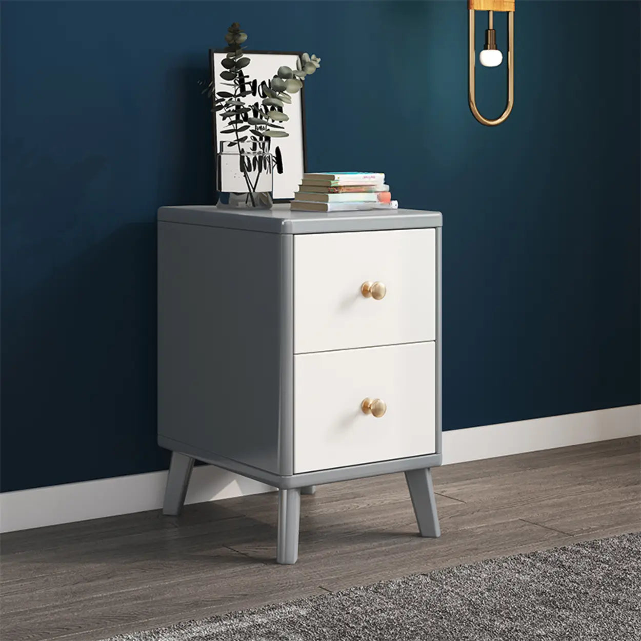 Natural Square Wood 2-Drawer Nightstand with Legs — Gray & White
