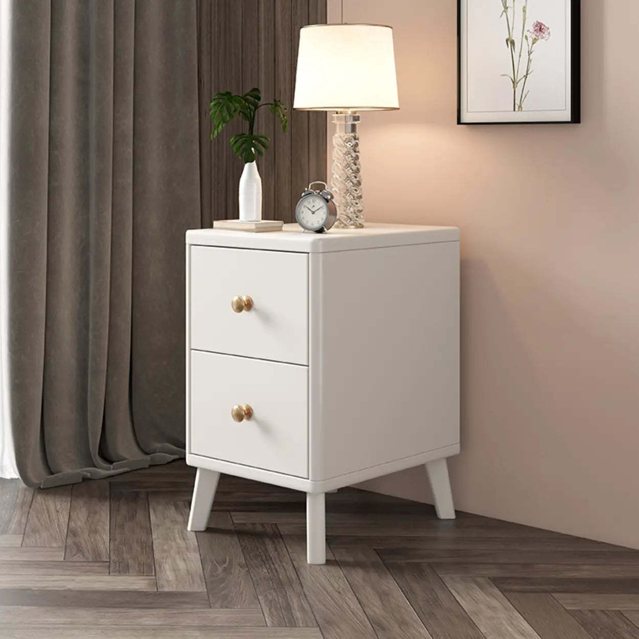 Natural Square Wood 2-Drawer Nightstand with Legs — White