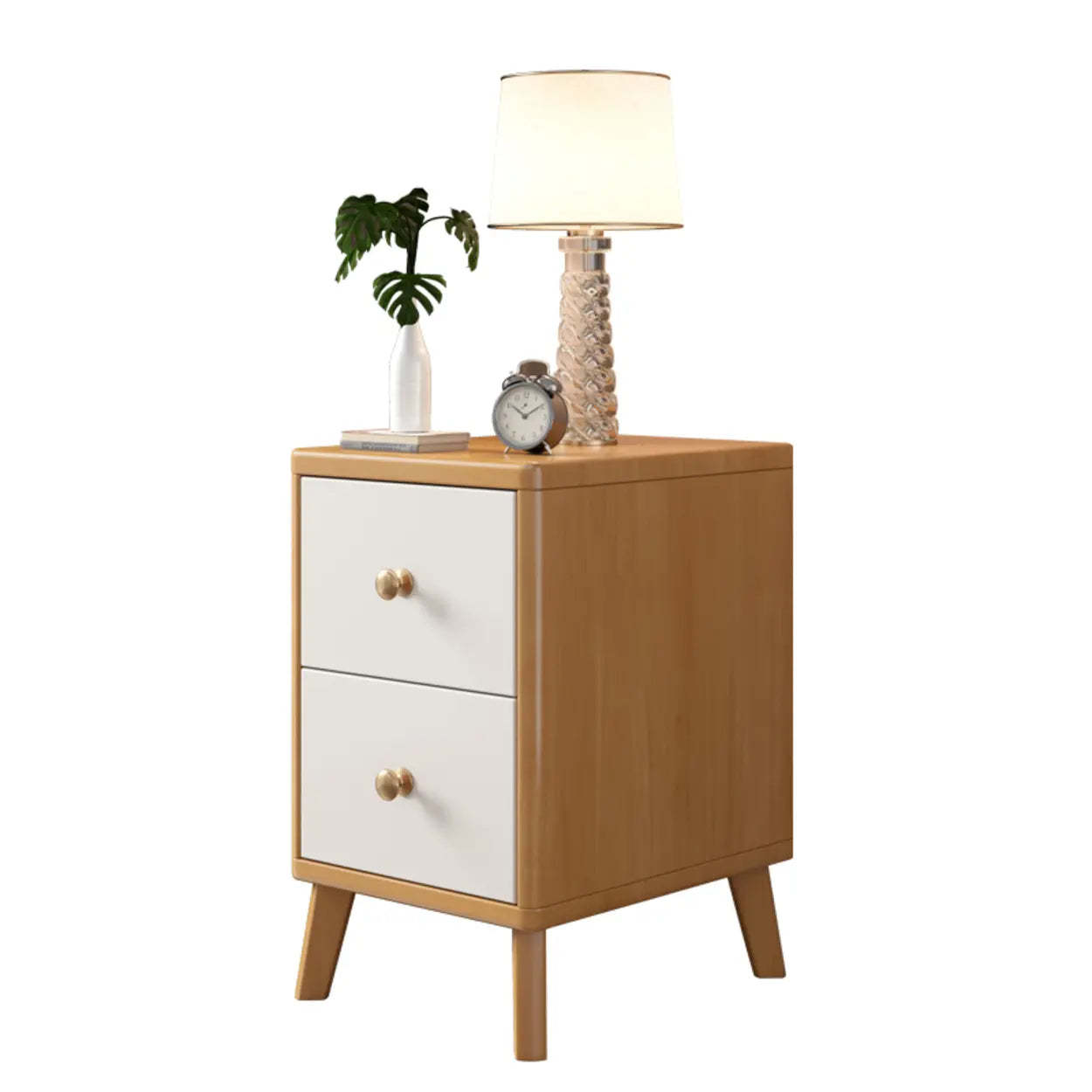 Natural Square Wood 2-Drawer Nightstand with Legs — White