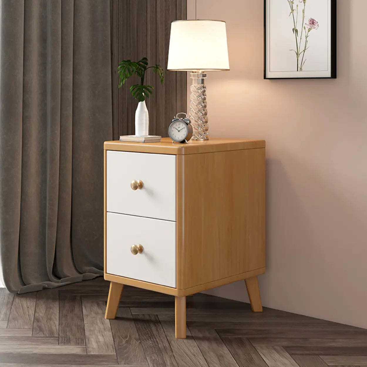 Natural Square Wood 2-Drawer Nightstand with Legs — Natural Finish