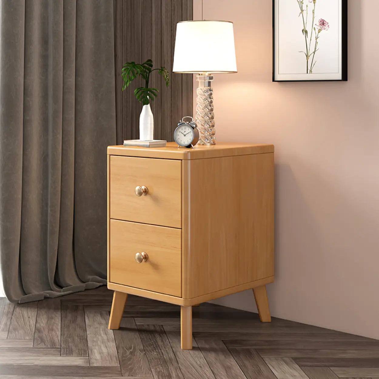 Natural Square Wood 2-Drawer Nightstand with Legs