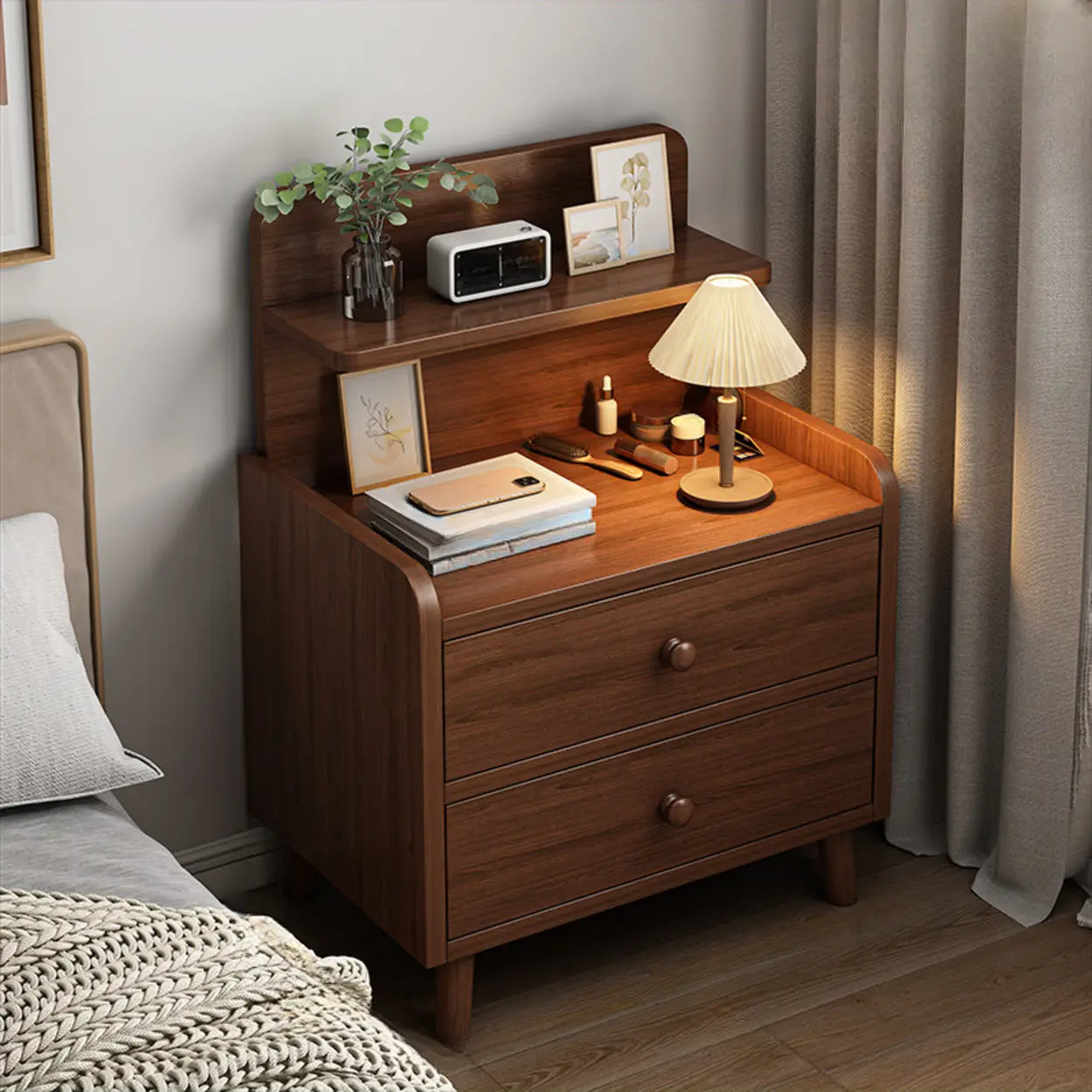 Wood 2-Drawer Nightstand with Open Shelves