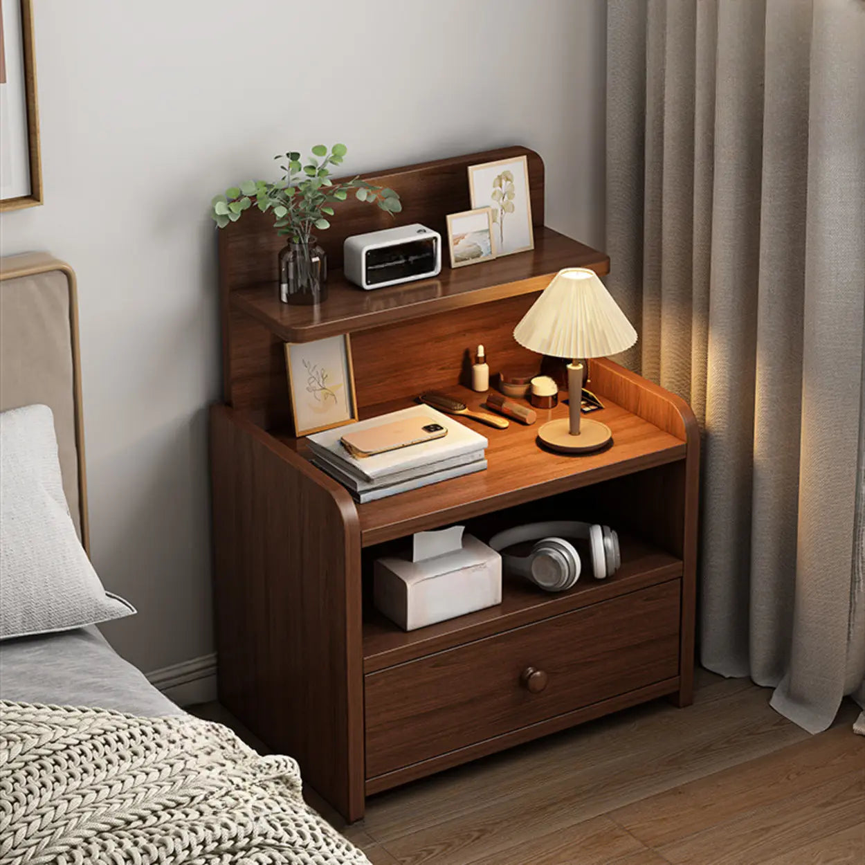 Wood 2-Drawer Nightstand with Open Shelves