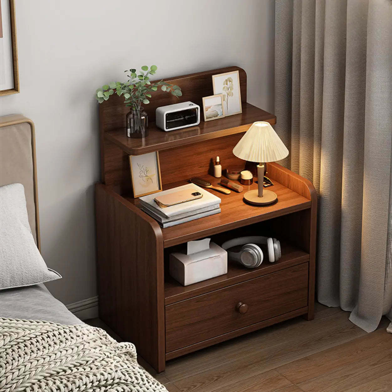 Wood 2-Drawer Nightstand with Open Shelves